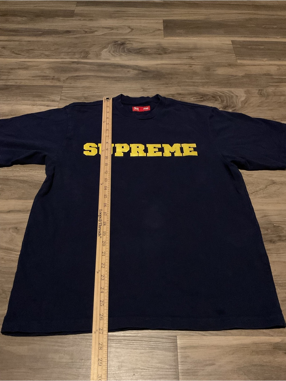 Supreme Navy Short Sleeve Tee with Yellow Chest Logo - Picture 4 of 6